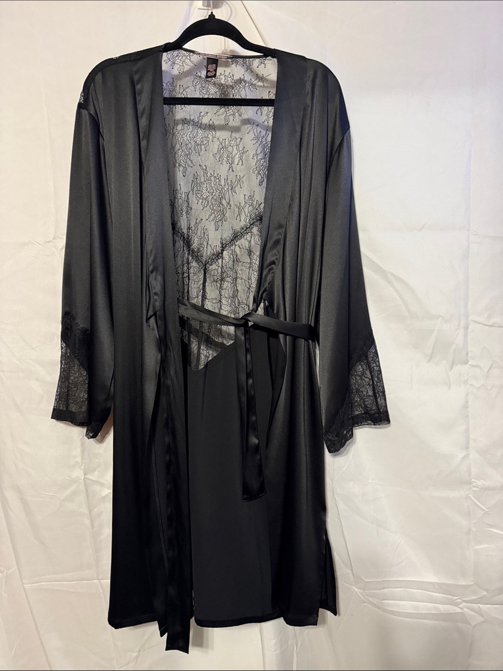 Victoria's Secret Black Satin Robe with Lace Trim and Tie